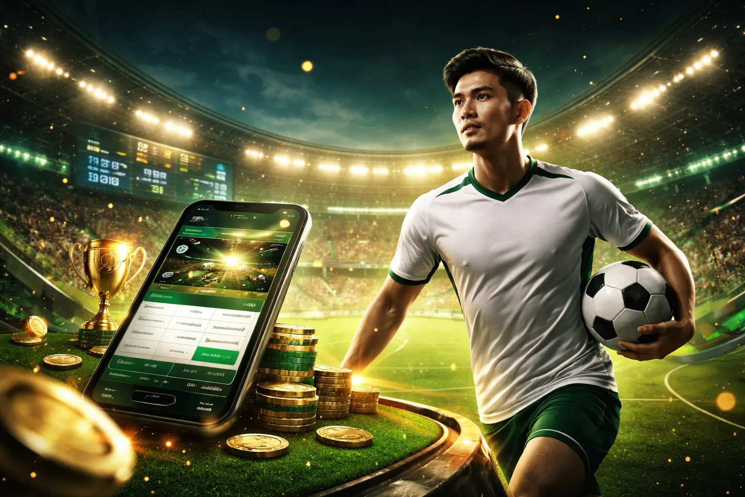 Hình ảnh nền cá cược thể thao sôi động tại 95win, với các trận đấu bóng đá và bảng tỷ lệ kèo hấp dẫn.
